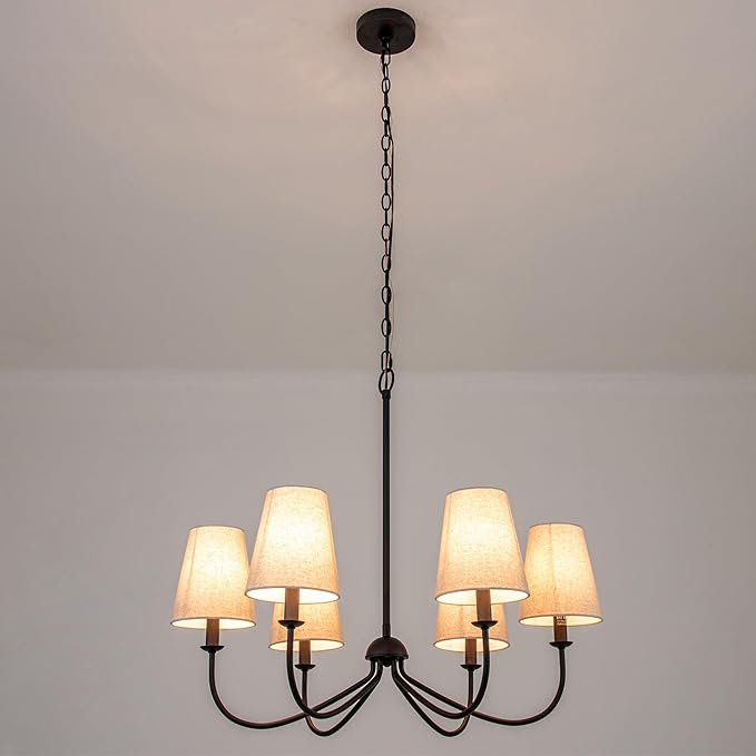 Chandelier, Matte Black with Linen Fabric Shade, 6-Light 28" Modern Farmhouse Linear Pendant Lighting Fixture for Kitchen Island (Black)