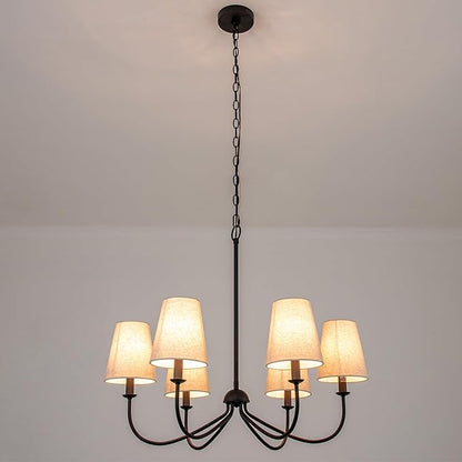 Chandelier, Matte Black with Linen Fabric Shade, 6-Light 28" Modern Farmhouse Linear Pendant Lighting Fixture for Kitchen Island (Black)