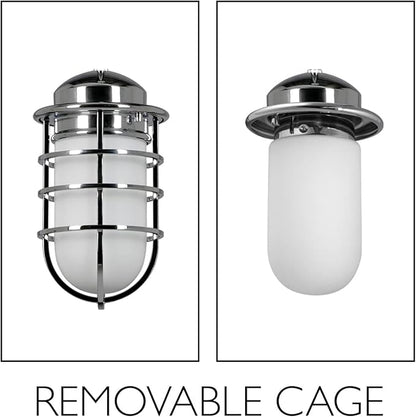 Design House 588947-PC Seaton Classic Industrial 1-Light Indoor Dimmable Wall Light with Removeable Metal Wire Cage and White Opal Frosted Glass for Kitchen Hallway Bedroom Bathroom, Polished Chrome