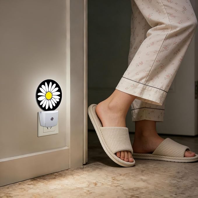 White Daisy Night Light Plug Into Wall Auto Led Sleep Round Lamp for Living Room Hallway Stairs