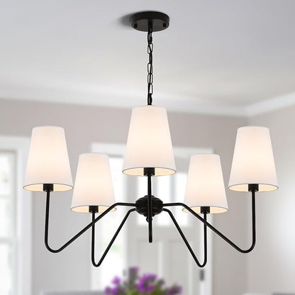 Chandeliers for Dining Room, Modern Pendant Light Fixture Over Table with White Shade Classic Ceiling Hanging Lighting for Living Room Hallway Bedroom, 5-Arm, 30" Dia, Height Adjustable