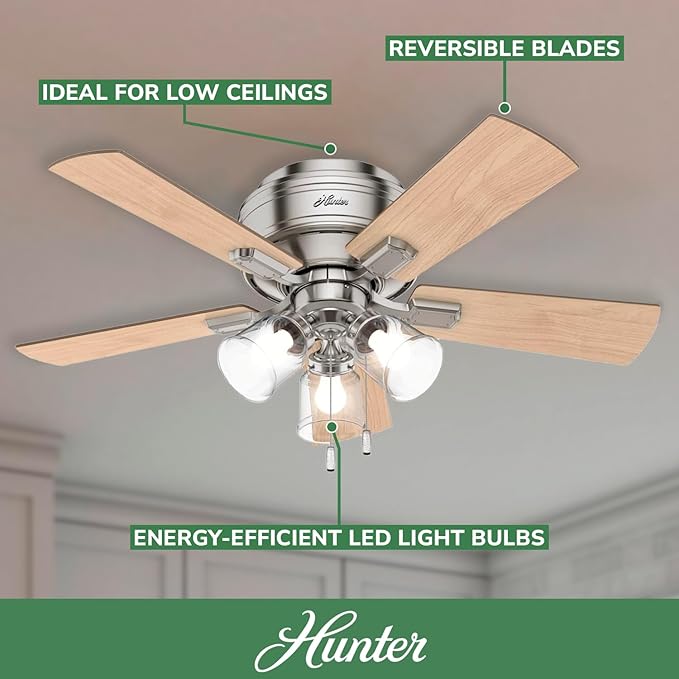 Hunter 42 inch Indoor Ceiling Fan with LED Lights and Pull Chain - Low Profile Flush Mount Ceiling Fan, 5 Blades, For Bedroom, Living Room, or Kitchen, Quiet - Crestfield 52154, Brushed Nickel