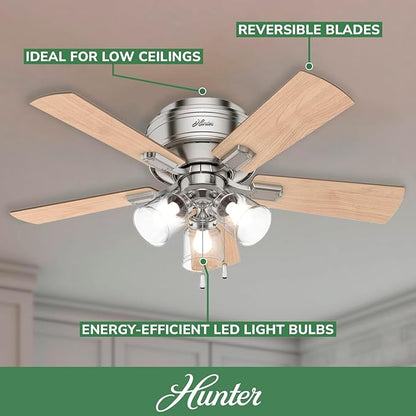 Hunter 42 inch Indoor Ceiling Fan with LED Lights and Pull Chain - Low Profile Flush Mount Ceiling Fan, 5 Blades, For Bedroom, Living Room, or Kitchen, Quiet - Crestfield 52154, Brushed Nickel