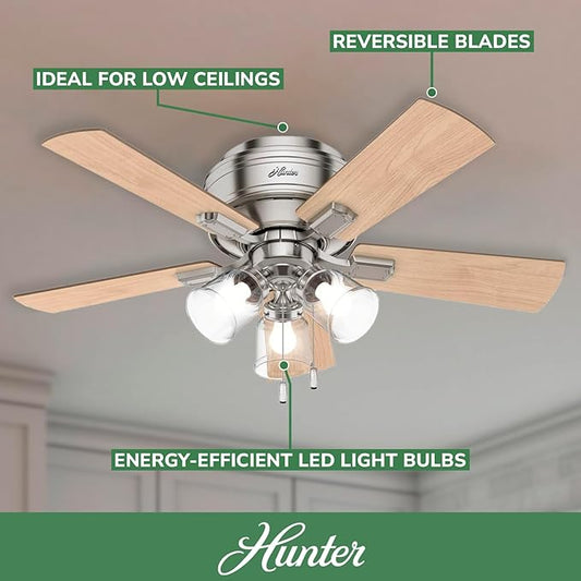 Hunter 42 inch Indoor Ceiling Fan with LED Lights and Pull Chain - Low Profile Flush Mount Ceiling Fan, 5 Blades, For Bedroom, Living Room, or Kitchen, Quiet - Crestfield 52154, Brushed Nickel