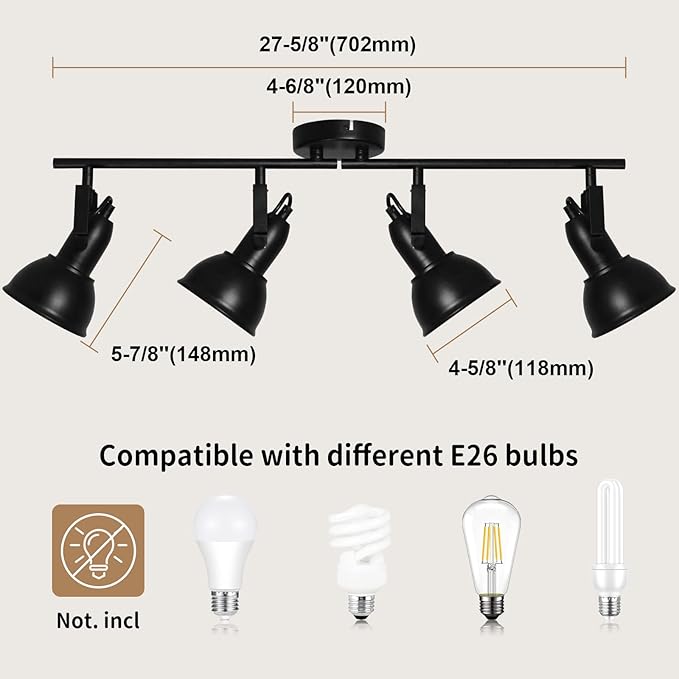 LTBLIGHT 4-Light Track Lighting Fixtures Ceiling, Black Industrial Directional Spotlight with E26 Base, Ceiling Track Lights for Kitchen Bedroom Living Room (Bulbs Not Included)