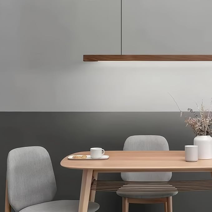 Modern LED Chandelier Walnut Color Dining Room Kitchen Island Long Hanging Lights Restaurant Office Coffee Home Lighting Ash Wood Remote Control Dimmable (2 Round Bases, 100cm(39.3in))