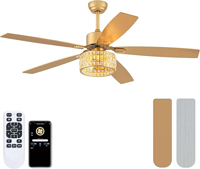 Chandelier Ceiling Fans with Lights and Remote,Caged Ceiling Fan with Light,App 5 Blades E26 Fandelier Ceiling Fans with Lights,Crystal Ceiling Fan for Bedroom,Living Room. (Gold, 60 Inch)
