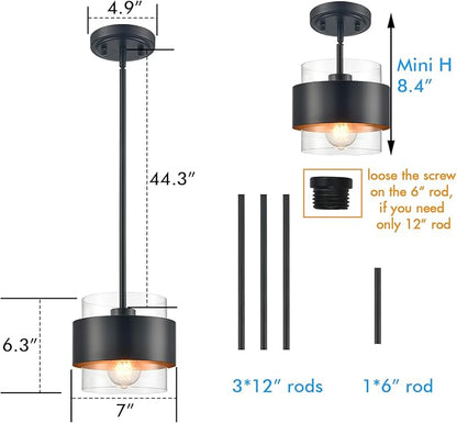 CLAXY Pendant Lights Kitchen Island Black Rod Hanging Kitchen Pendant Light Fixture, Clear Glass Cylinder Shade