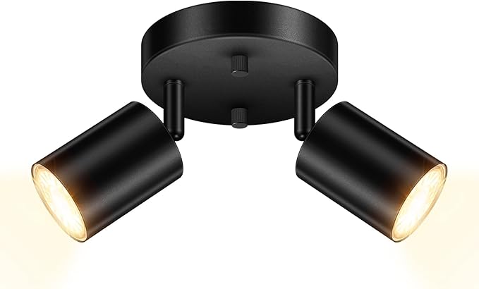 AUQUEE LED 2 Light Track Lighting Kit, LED Track Lighting Fixtures, Black Round Ceiling Spot Lighting, Flexibly Rotatable Light Head for Kitchen, Living Room, Bedroom, GU10 Bulb Not Included