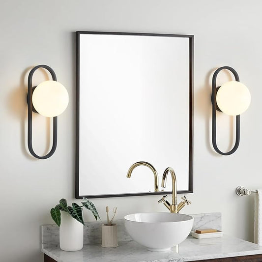 Bektas Wall Sconces, Set of 2, Matte Black, Modern Light Fixture with White Globe Glass Shade, Wall Lighting for Living Room, Bedrooms