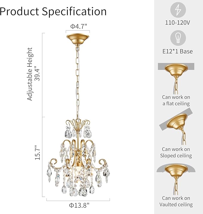 WUZUPS Crystal Chandelier 1-Light Pendant Ceiling Light Modern Lighting Fixture for Bedroom Hallway Bar Kitchen Bathroom, H 15.7" x W 13.8", E12 Base, Gold