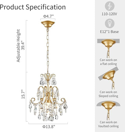 WUZUPS Crystal Chandelier 1-Light Pendant Ceiling Light Modern Lighting Fixture for Bedroom Hallway Bar Kitchen Bathroom, H 15.7" x W 13.8", E12 Base, Gold
