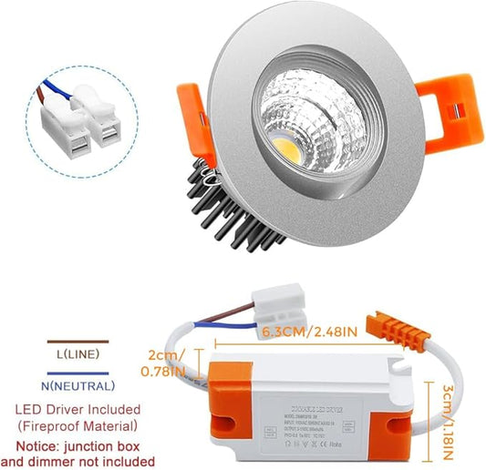 2Inch LED Recessed Ceiling Light, 3W Dimmable LED Downlight, 60 Beam Angle COB Recessed Lights with Driver, Warm White 3000K-3500K, 25W Halogen Bulbs Equivalent for Ceiling Lighting, Silver 6Pack