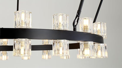 60 Inch Black Wagon Wheel Chandelier with Crystal Shade, 2 Tier 100 Lights, Modern Farmhouse Style, Ideal for Dining Room, Kitchen, Entryways
