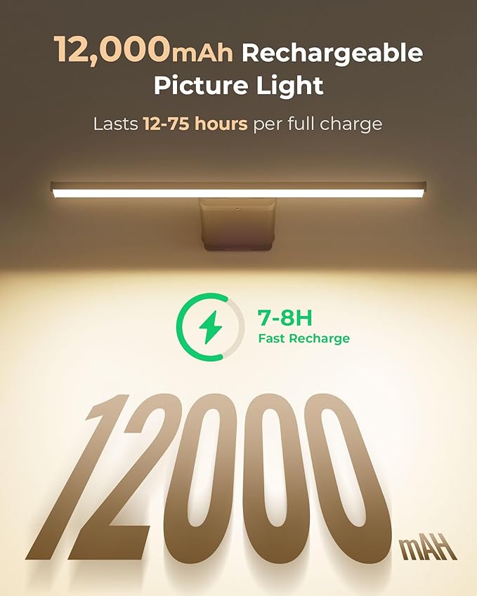 Picture Light for Wall Rechargeable Art Light with Remote, 3 Colors & 5 Brightness Levels, 12000mAh Battery Operated Lights for Pictures, Gallery, Bedroom, Hallway, Frame, Living Room (Black,1 Pack)