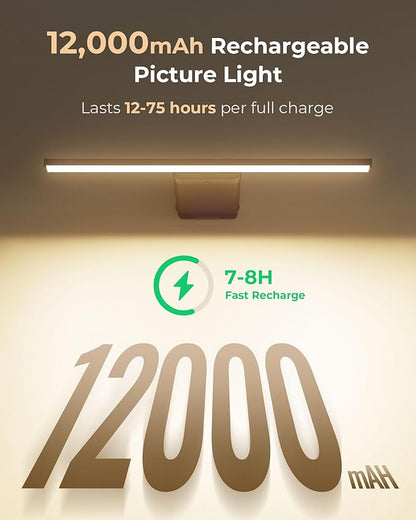 Picture Light for Wall Rechargeable Art Light with Remote, 3 Colors & 5 Brightness Levels, 12000mAh Battery Operated Lights for Pictures, Gallery, Bedroom, Hallway, Frame, Living Room (Black,1 Pack)