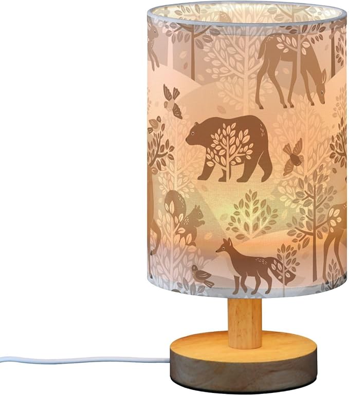 Bedside Table Lamp Woodland Animals Nightstand Lamp with Wood Owl Deer Buuny Bear Trees Leaves Desk Lamps for Bedroom Living Room Nursery Office Home Decor
