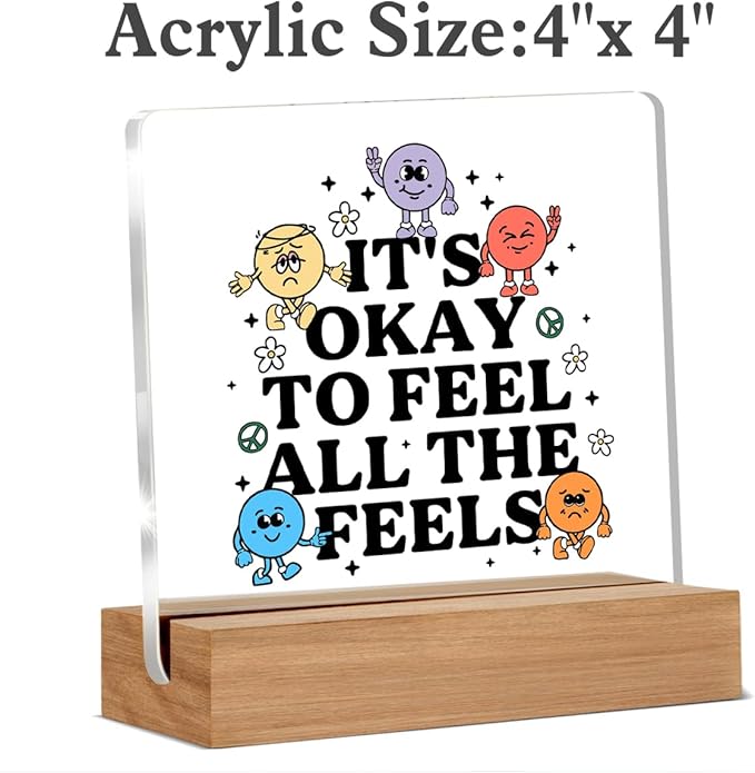 Therapy Office Decor, Mental Health Gifts for Therapist School Counselor Psychology, Cute Counseling Students Classroom Feel All the Feel Acrylic Plaque Office Desk Decor