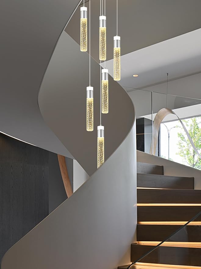 Long Crystal Column Chandelier for High Ceiling Modern LED Crystal Raindrop Chandeliers for Living Room Foyer Chandelier Lighting,3000k-6000K,6-Light Silver