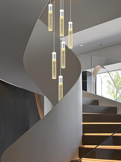 Long Crystal Column Chandelier for High Ceiling Modern LED Crystal Raindrop Chandeliers for Living Room Foyer Chandelier Lighting,3000k-6000K,6-Light Silver