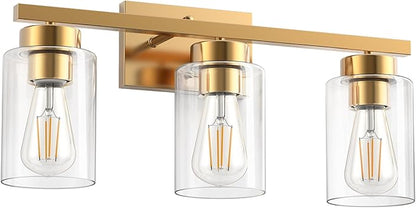 PARTPHONER 3-Light Bathroom Light Fixtures, Brushed Gold Vanity Light with Clear Glass Shade, Modern Wall Sconce for Mirror Bedroom Living Room Hallway Lighting