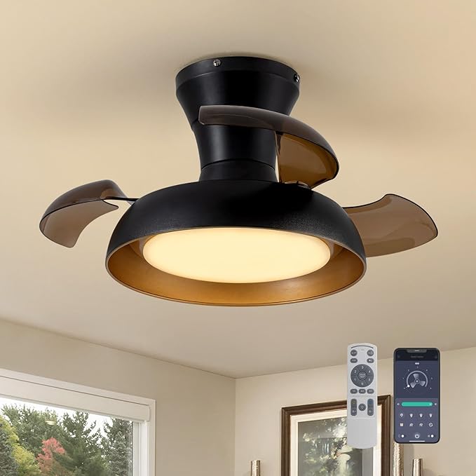 23 Inch Black and Gold Ceiling Fan with Light and Brown Retractable Blades Small Led Light Fixture Ceiling Modern Fandelier Fan Lights Cei ling Fixtures for Bedroom Dining Room Kitchen