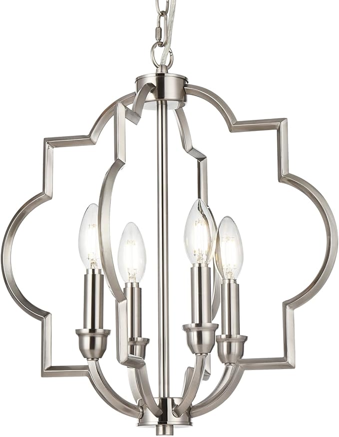 4-Light Brushed Nickel Chandelier, Modern Dining Room Light Fixtures Over Table, Geometric Hanging Pendant Light for Bathroom, Foyer, Hallway, Kitchen, Entryway