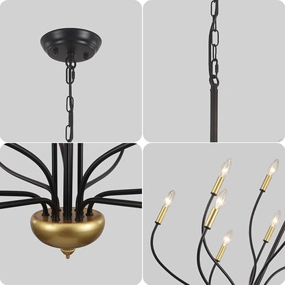 12-Lights Farmhouse Chandelier for Dining Room, 34 Inch Black and Gold Chandeliers for High Ceilings Foyer Modern Large Pendant Light Fixtures for Living Room Entryway Hallway Kitchen Island E12