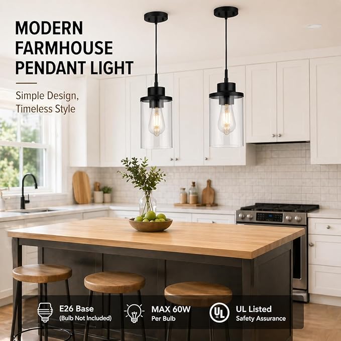 Modern Black Farmhouse Clear Glass Cylinder Pendant Light Fixture,Ceiling Hanging Metal Industrial Mini Pendant Lighting for Kitchen Island Dining Table Bedroom Hallway Foyer…