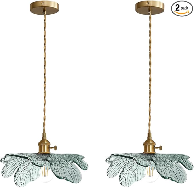 Gold Pendant Light Set of 2, Modern Hanging Ceiling Fixture with Dark Green Hand Blown Flower Glass Shade for Kitchen Island Dining Room Bedroom