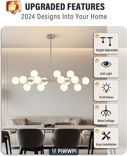 Glass Globe Sputnik Chandelier, 16-Light Mid Century Modern Light Fixture Over Table, Linear Chandeliers for Dining Room, Kitchen Island, Nickel and Milk White Bubble, 40 Inch, GC-02