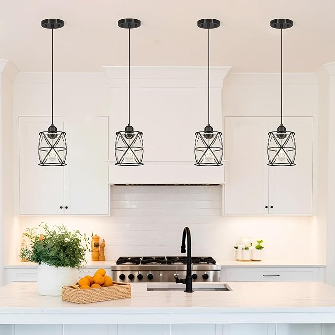 DSMJFU 2 Pack Black Pendant Lights, Modern Clear Glass Adjustable Hanging Lighting for Kitchen Island Bedroom Bathroom Entryway Hallway, E26 Base Ceiling Pendant Light Fixtures
