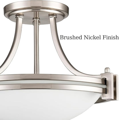 Modern 2-Light Semi Flush Mount Ceiling Light Brushed Nickel 12-Inch Milk Glass Light Fixtures Ceiling Mount for Bedroom Hallway Staircase Kitchen