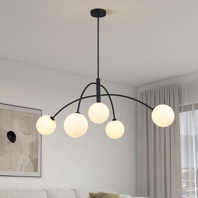 Mid Century Chandelier Black Ceiling Light 5 Light Sputnik Light Fixture with White Glass Globe Adjustable Modern Sputnik Chandelier for Dining Room Kitchen Bedroom…