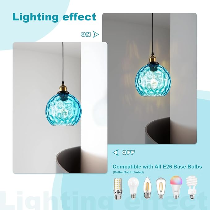 Blue Globe Glass Plug in Pendant Light Mid Century Modern Hanging Ceiling Light Fixture 14.75FT Black Chandelier Lighting for Bedroom Living Room Dining Room