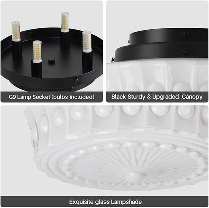 White Milk Glass Ceiling Light Fixture, 13.8'' Flush Mount Lighting for Bedroom, Hallway, Kitchen & Dining Room, Vintage Mid Century Design, 4 LED Bulbs Included, Ideal for Modern Farmhouse