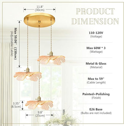 Amber Glass Pendant Chandelier, 3-Light Gold Brass Modern Light Fixture for Kitchen Island, Dining Table, Hallway & Entryway