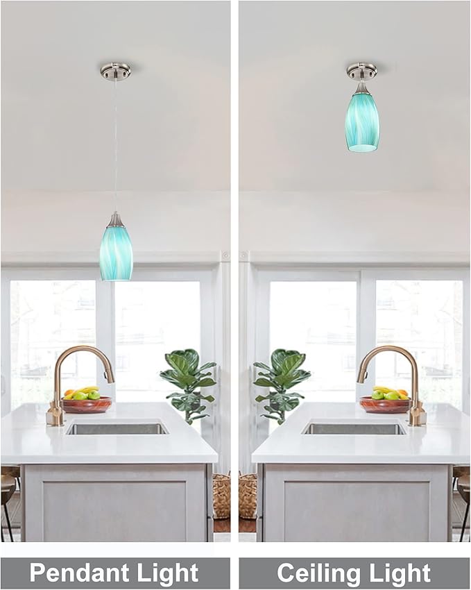 karyfine Mini Art Glass Pendant Lights Kitchen Island,Handcrafted Teal with Gold Glass Ceiling Pendant Lighting Brushed Nickel Adjustable Cord Hanging Lamp Cover for Coffe Bar,Dining Room 3pack