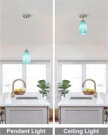 karyfine Mini Pendant Light,Handcrafted Art Glass Pendant Lighting Shade with Brushed Nickel Finished Teal Glass Ceiling Hanging lamp Adjustable Cord for Kitchen Island,Hallway,Dining Room