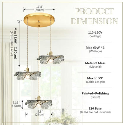 Gold Brass Chandelier 3-Light Retro Hanging Pendant Light Fixtures Dark Green Glass Shade Mid Century Modern Chandelier for Dining Room Farmhouse Living Room