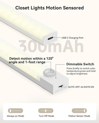 Under Cabinet Lighting 4 Inches Rechargeable Motion Sensor Light Indoor, 3 Color Dimmable Closet Light Battery Operated, USB Stick on LED Magnetic Under Counter Lights for Kitchen Stair,12 Packs