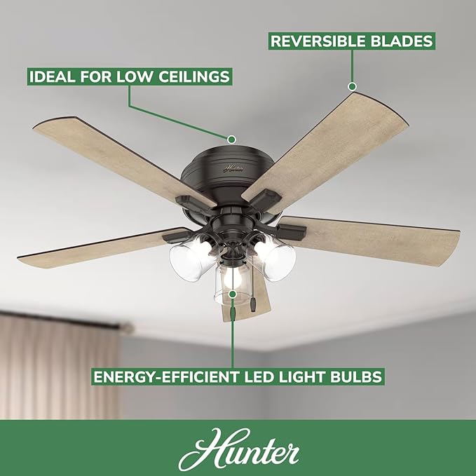 Hunter Crestfield Indoor Low Profile Ceiling Fan with LED Light and Pull Chain Control