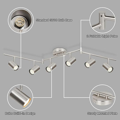 GORDNWE Track Lighting Fixtures, Black Track Light with Adjustable Track Heads, Directional Ceiling Spotlight for Kitchen, Office, Dining Room, Closet, Studio (6-Light GU10 Nickel)