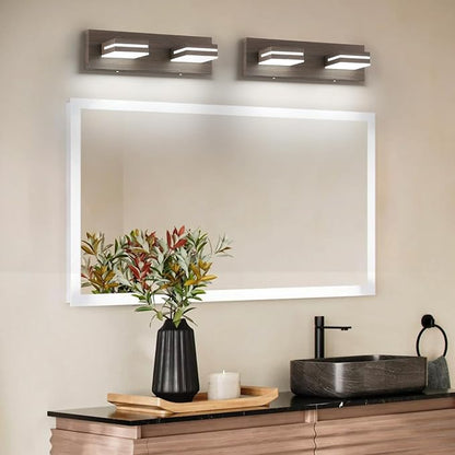 SineRise LED Modern Bathroom Vanity Light Fixtures (2-Light, 15.5-Inch, Dimmable), Brown Wood Painted Modern Acrylic Bathroom Wall Lighting Fixtures Over Mirror (Cool White 6000K)