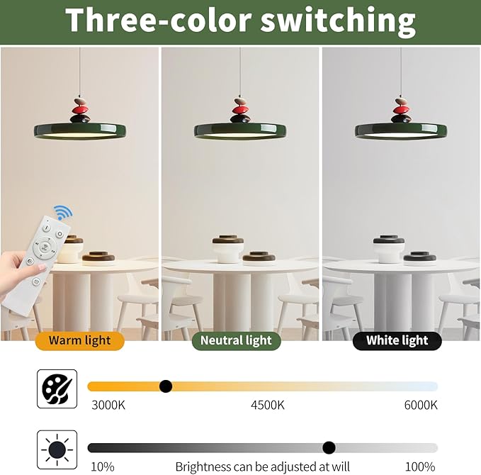 Mikeru Modern Pendant Lights, 23.6" Vintage Green Pendant Lighting Fixture with Remote Control Dimmable 3 Color Mode & Brightness Mid Century Island Light Fixture for Dining Room,Kitchen,Living Room