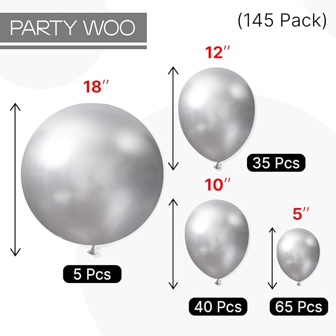 PartyWoo Silver Balloons 145 pcs Different Sizes of 18 12 10 5 Inch Silver Balloon Arch Kit Garland for Birthday Graduation Bachelorette Engagement Bridal Shower Wedding Party Decorations Silver-G102