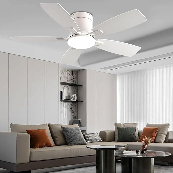 Ayaoty Ceiling Fans with Lights, 42 inch Low Profile Ceiling Fan with Light and Remote Control, Flush Mount, Reversible Motor, Dimmable, Noiseless, White Ceiling Fan for Bedroom, Indoor/Outdoor Use