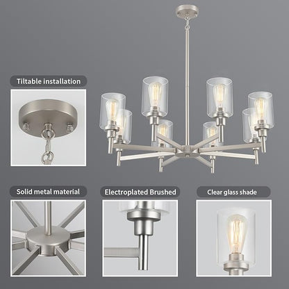 Brushed Nickel Chandeliers for Dining Room | 8 Lights Living Room Light Fixture Over Table | Farmhouse Chandelier with Clear Glass Shade | Hallway Lighting for Kitchen Island | Bedroom | Restaurant