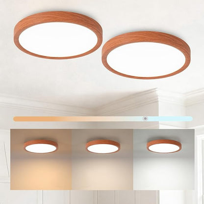 9 Inch LED Wood Grain Flush Mount Ceiling Light Fixtures Set of 2, Modern 22W Round Flat Overhead 3000K-4000K-6000K Selectable Ceiling Lamps for Bedroom, Living Room, Kitchen, Entryway