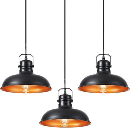 Industrial Pendant Light, 10.5 Inch Farmhouse Small Black and Gold Chandelier, Vintage Hanging Light Fixture with 71'' Height Adjustable Cord for Kitchen Island, Dining Room, Bedroom - 3 Pack